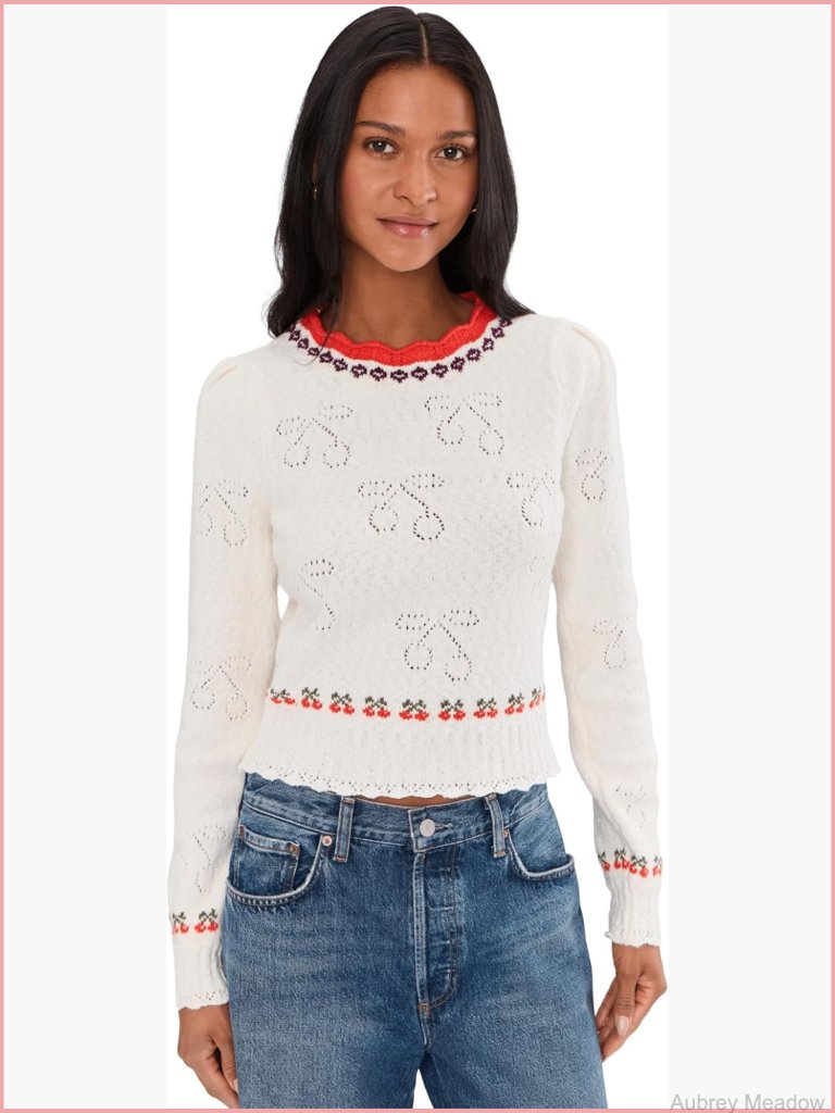 Pointelle Knit Cropped Sweater Boat Neck Long Sleeve